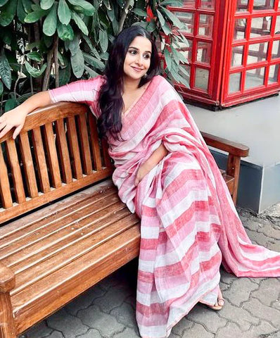 Pink Handloom Linen Saree with Salmon Shade Stripes