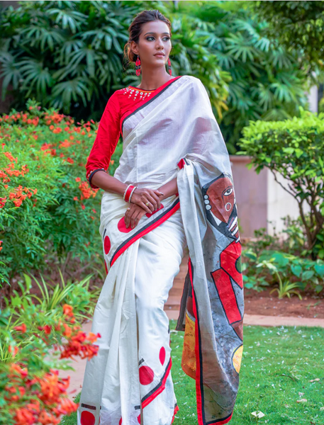 CHANDERI WHITE SAREE WITH RED HANDPAINTED MODERN ART