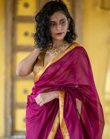 Wine-Colored Cotton Silk Saree