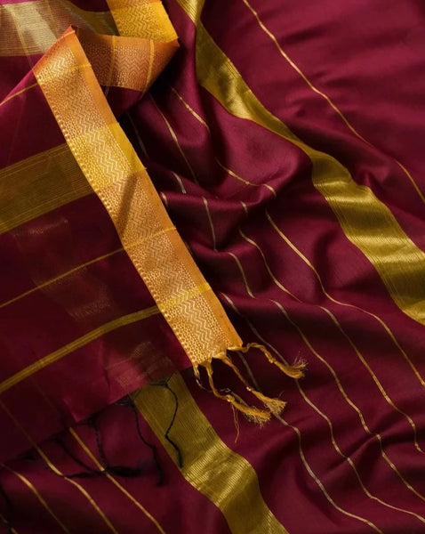 Wine-Colored Cotton Silk Saree
