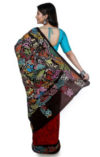 Multicolor Pure Silk Hand Thread work Saree with Batik Print