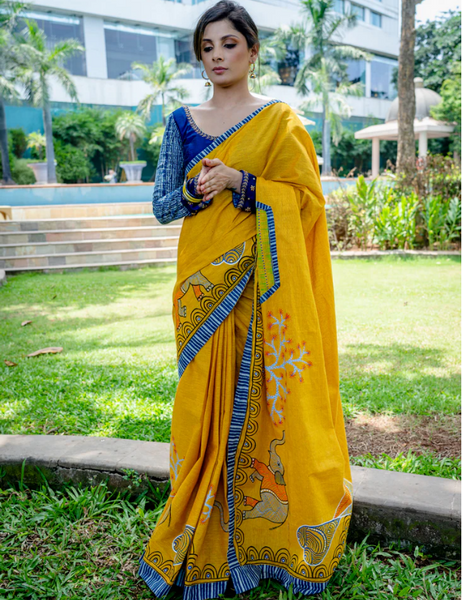 MUSTARD COTTON GOND HAND PAINTED SAREE WITH INDIGO BORDER