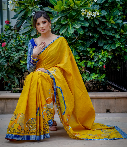 MUSTARD COTTON GOND HAND PAINTED SAREE WITH INDIGO BORDER