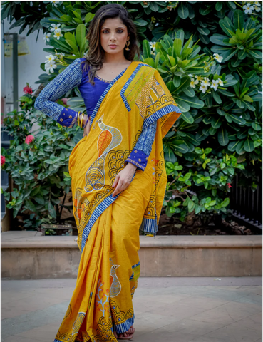 MUSTARD COTTON GOND HAND PAINTED SAREE WITH INDIGO BORDER