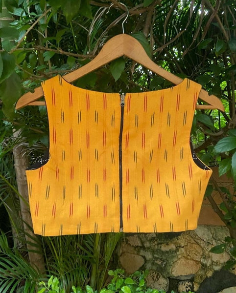 YELLOW AND BLACK COTTON IKAT REVERSIBLE READYMADE BLOUSE