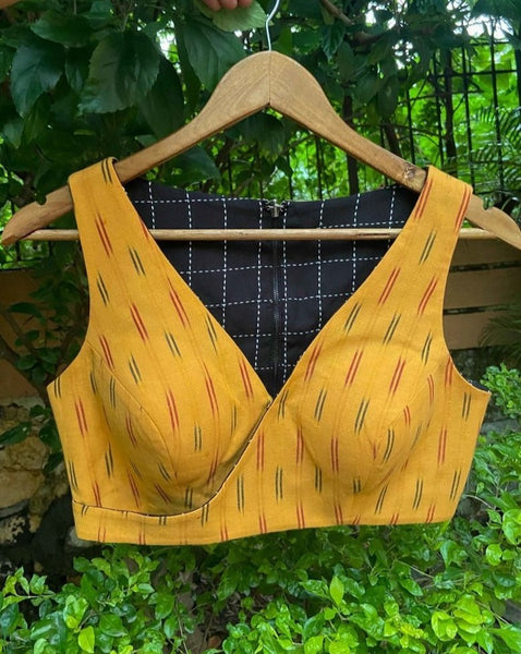 YELLOW AND BLACK COTTON IKAT REVERSIBLE READYMADE BLOUSE