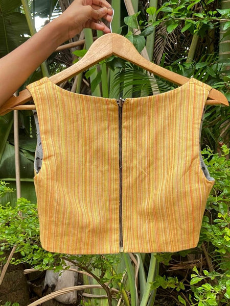 YELLOW AND GREY COTTON IKAT REVERSIBLE READYMADE BLOUSE
